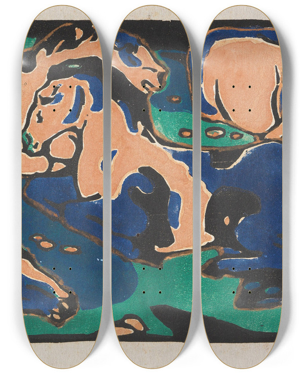 Triptych art skateboard deck of Franz Marc Ruhende Pferde_2 by Franz Marc (1880-1916)