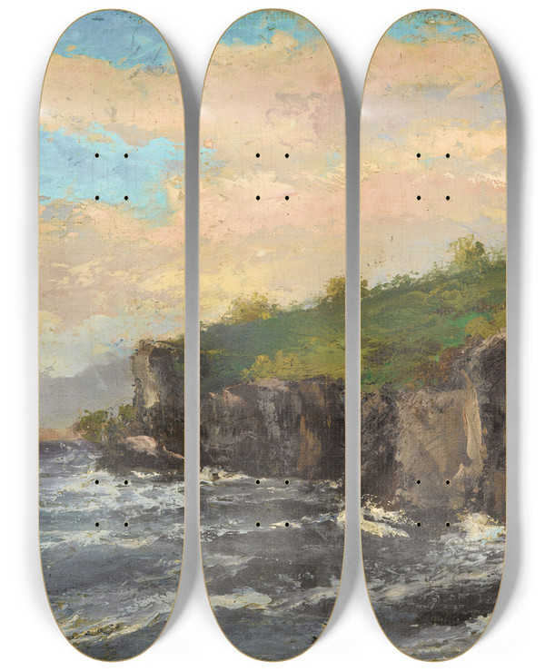 Triptych art skateboard deck of Gustave Courbet Cliff By The Water by Gustave Courbet (1819-1877)