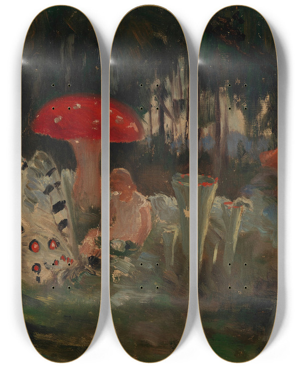 Triptych art skateboard deck of Torsten Wasastjerna The Princess And A Butterfly Underneath A Fly Agaric by Torsten Wasastjerna (1863-1924)