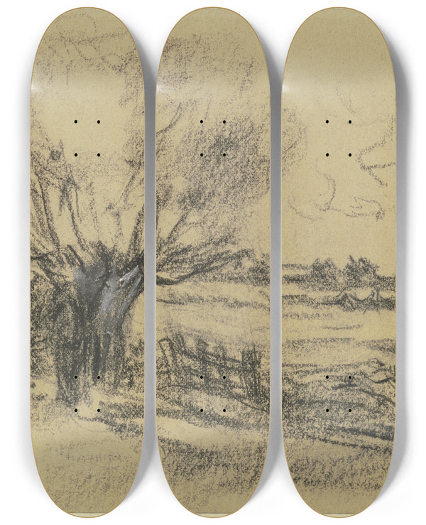 Triptych art skateboard deck of Max Liebermann Wiese Mit Vieh Vorne Eine Kopfweide by Max Liebermann (1847-1935)