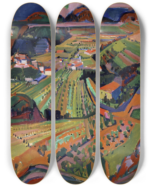 Triptych art skateboard deck of Werner Neuhaus Landscape In The Ticino by Werner Neuhaus (1897-1934)