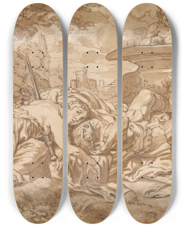 Triptych art skateboard deck of Cornelis Schut Pyramus And Thisbe by Cornelis Schut (1597-1655)