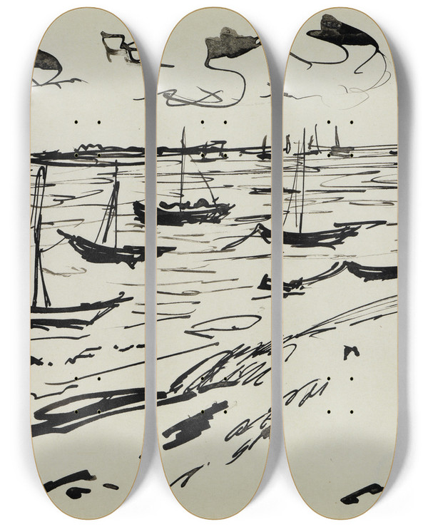 Triptych art skateboard deck of Ernst Ludwig Kirchner Verankerte Fischerboote Fehmarn by Ernst Ludwig Kirchner (1880-1938)