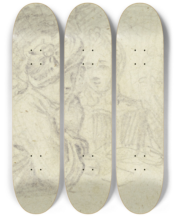 Triptych art skateboard deck of Daniel Nikolaus Chodowiecki Young Couple At A Table by Daniel Nikolaus Chodowiecki (1726-1801)