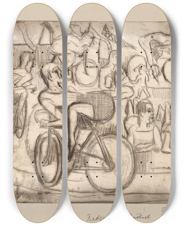 Triptych art skateboard deck of Ernst Ludwig Kirchner Cycle Race by Ernst Ludwig Kirchner (1880-1938)