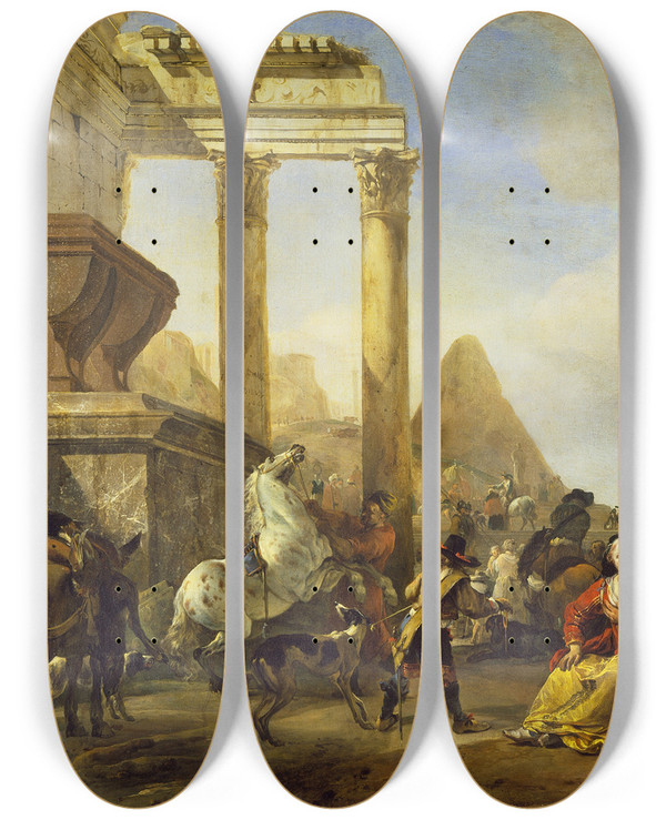Triptych art skateboard deck of Jan Baptist Weenix A Coast Scene With Classical Ruins by Jan Baptist Weenix (1621-1660)