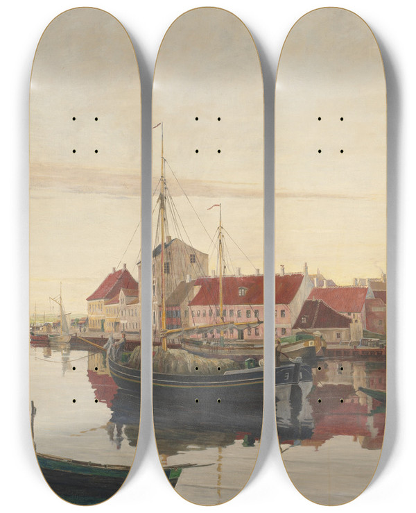 Triptych art skateboard deck of Johan Rohde Randers Havn by Johan Rohde (1856-1935)
