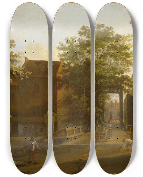 Triptych art skateboard deck of Jan Both Street With Drawbridge by Jan Both (1618-1652)