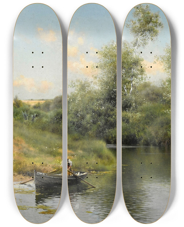Triptych art skateboard deck of Emilio Snchezperrier A Summer Day On The River by Emilio Snchez-Perrier (1855-1907)
