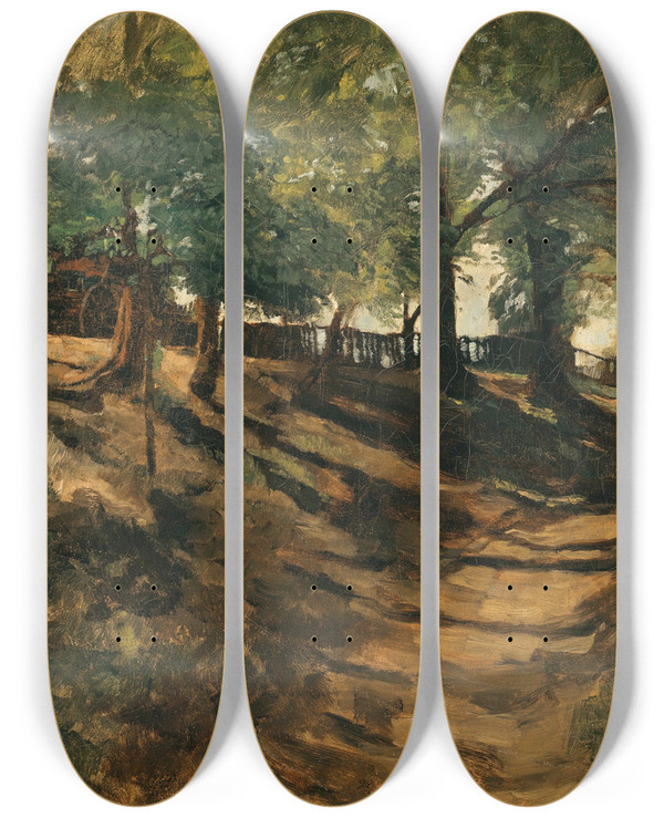 Triptych art skateboard deck of Carl Schuch A Farmstead On A Country Road by Carl Schuch (1846-1903)