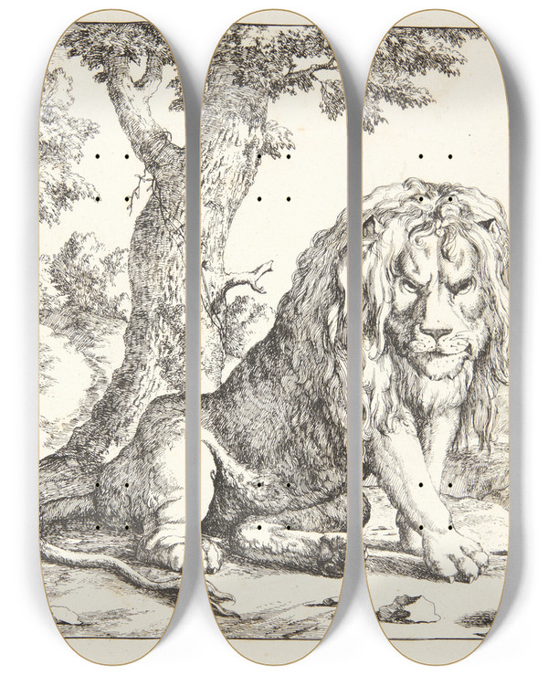 Triptych art skateboard deck of Marcus De Bye Siddende Lve by Marcus de Bye (1638-1688)