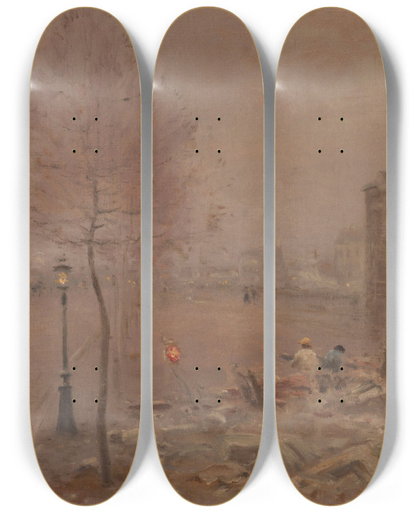 Triptych art skateboard deck of Alexandre Gaston Guignard Boulevard Berthier Le Soir by Alexandre Gaston Guignard (1848-1922)