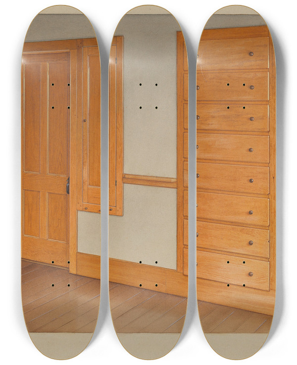 Triptych art skateboard deck of Alfred H Smith Builtin Drawers And Cupboards by Alfred H Smith