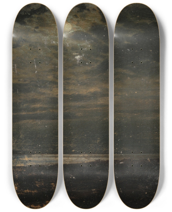 Triptych art skateboard deck of Frederic Edwin Church Maine Coast Moonlight by Frederic Edwin Church (1826-1900)