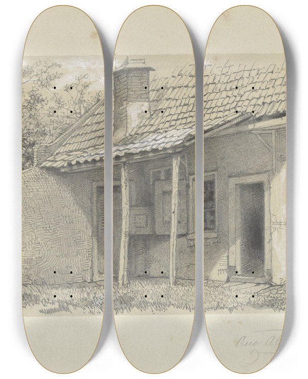 Triptych art skateboard deck of August Alleb Huisje Met Afdak by August Allebe (1838-1927)