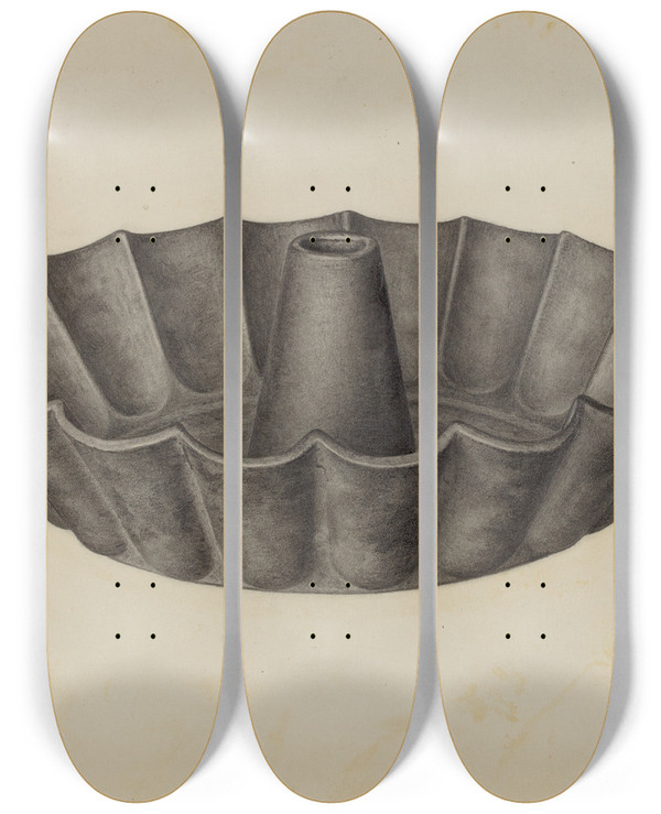 Triptych art skateboard deck of Charles Charon Cake Mold by Charles Charon