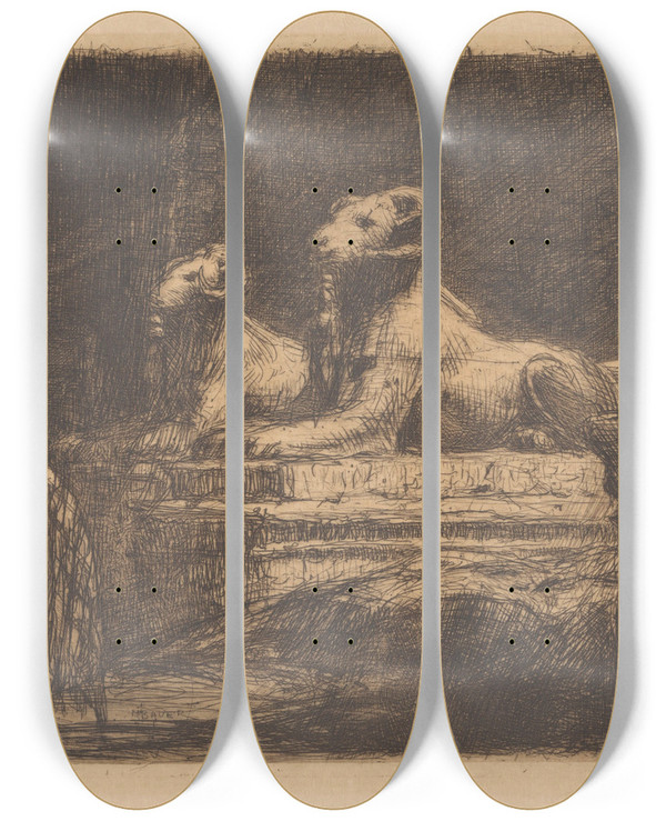 Triptych art skateboard deck of Marius Bauer Egyptische Tempelwachters by Marius Bauer (1867-1932)