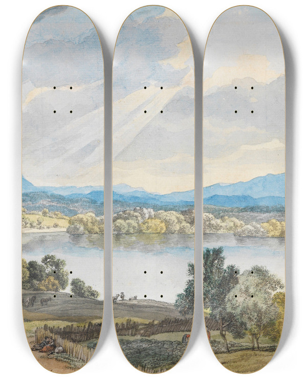 Triptych art skateboard deck of Wilhelm Von Kobell Blick Ber Den Staffelsee by Wilhelm von Kobell (1766-1853)