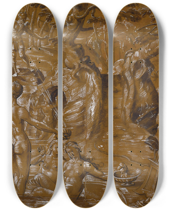 Triptych art skateboard deck of Hans Bock The Elder Diana And Actaeon by Hans Bock The Elder (1550-1624)