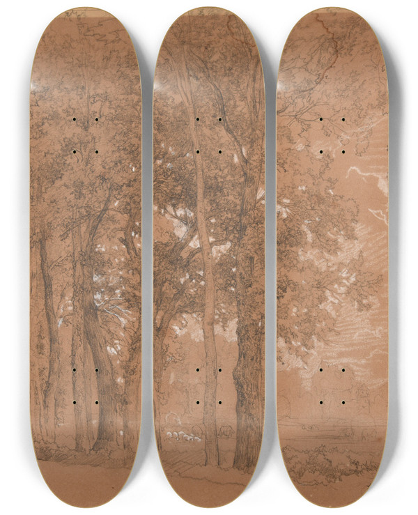 Triptych art skateboard deck of Jacquesraymond Brascassat Lisire Darbres Et Pr by Jacques Raymond Brascassat (1804-1867)