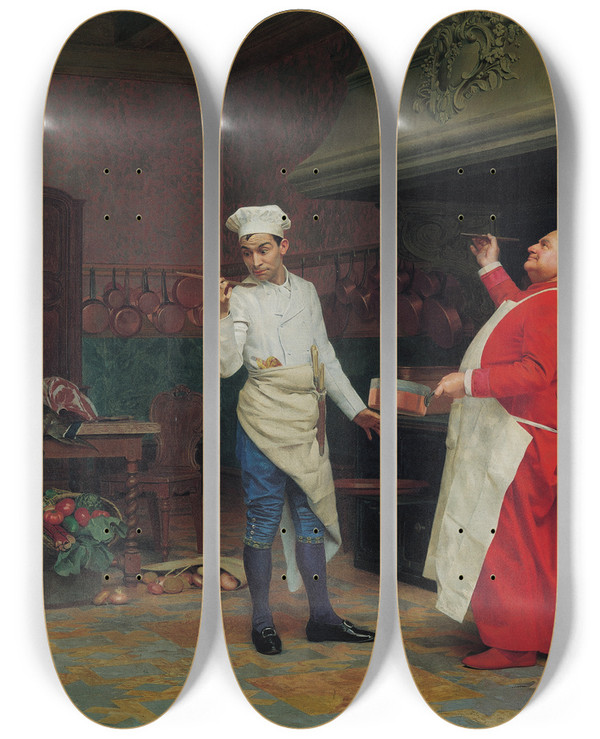 Triptych art skateboard deck of Jehan Georges Vibert The Marvelous Sauce by Jehan Georges Vibert (1840-1902)