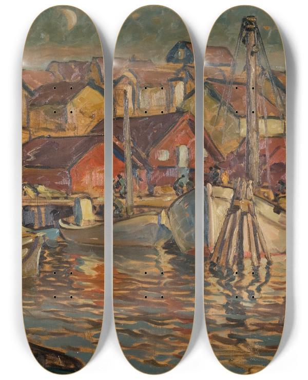 Triptych art skateboard deck of Anna Boberg A Fishing Harbour Study From North Norway by Anna Boberg (1864-1935)
