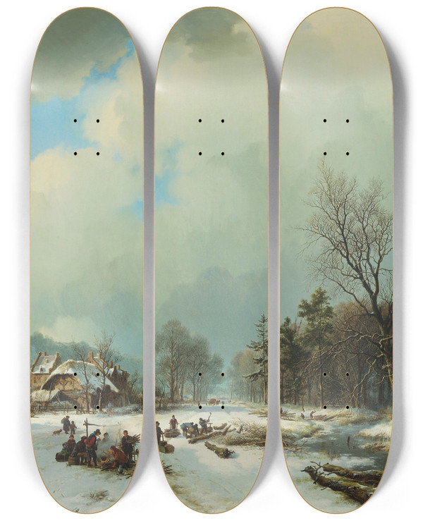 Triptych art skateboard deck of Barend Cornelis Koekkoek Winter Scene by Barend Cornelis Koekkoek (1803-1862)