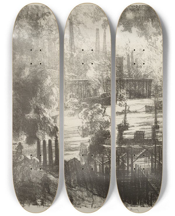 Triptych art skateboard deck of Joseph Pennell Munitions River by Joseph Pennell (1857-1926)