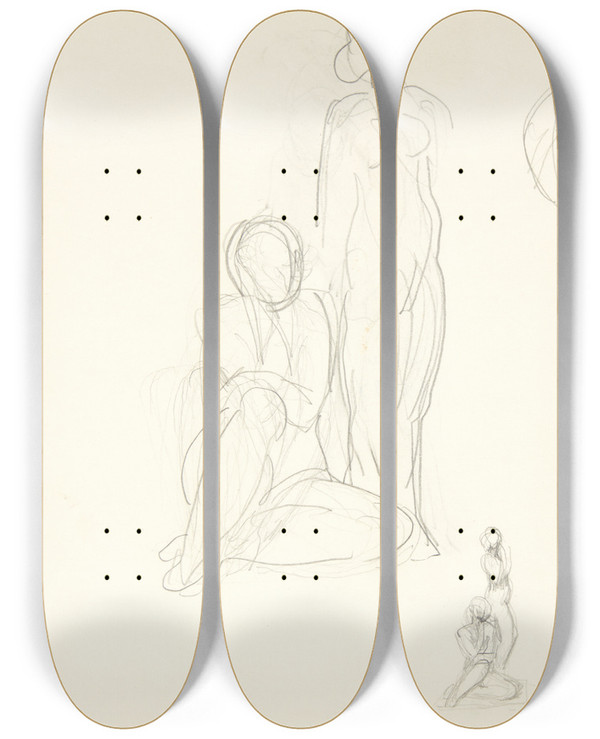 Triptych art skateboard deck of Svend Rathsack Studieblad Med Tre Udkast Til En Gruppe Med Stende Og Siddende Kvinde by Svend Rathsack (1885-1941)