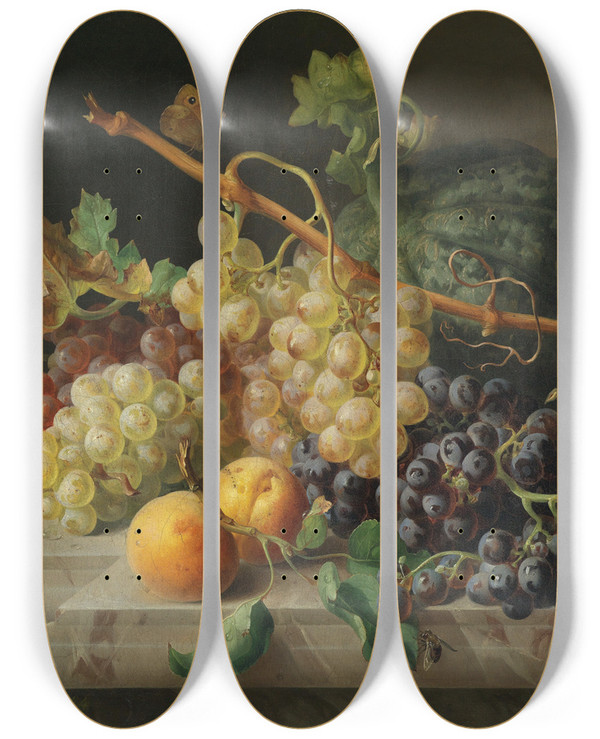 Triptych art skateboard deck of Josef Lauer Stillleben Mit Granatapfel Weintrauben Und Melone by Josef Lauer (1818-1881)
