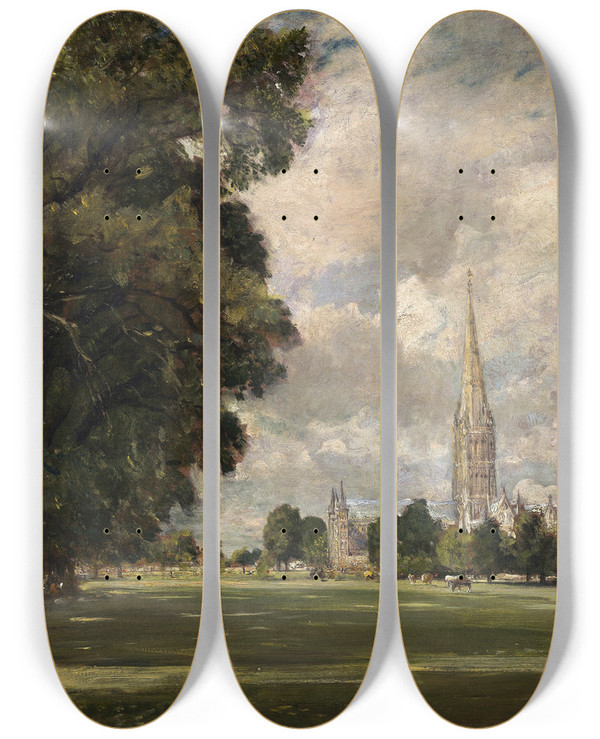 Triptych art skateboard deck of John Constable Salisbury Cathedral From Lower Marsh Close by John Constable (1776-1837)