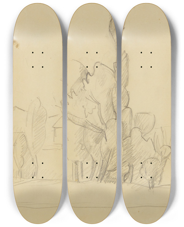 Triptych art skateboard deck of Anny Dollschein Baumlandschaft Mit Husern by Anny Dollschein (1893-1946)