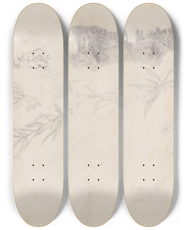 Triptych art skateboard deck of Louis Eysen Der Schlosspark Von Kleinheubach Und Blattstudien by Louis Eysen (1843-1899)