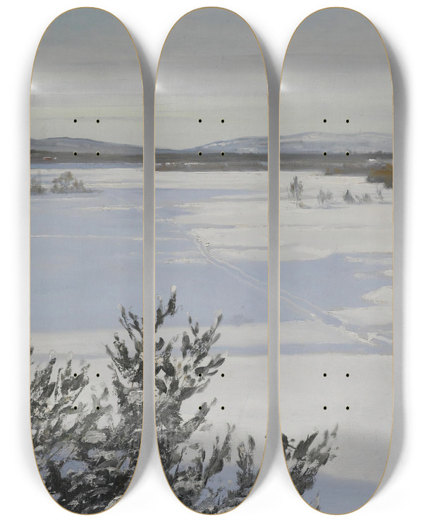 Triptych art skateboard deck of August Hagborg Snowy Landscape by August Hagborg (1852-1921)