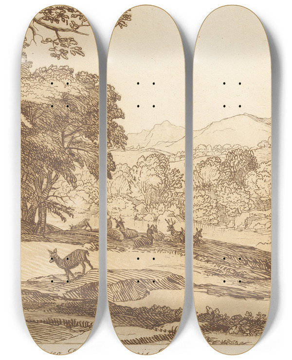 Triptych art skateboard deck of George Knapton Landscape With Deer by George Knapton (1698-1778)