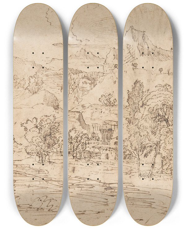 Triptych art skateboard deck of Nicolas Poussin Mountain Landscape by Nicolas Poussin (1594-1665)