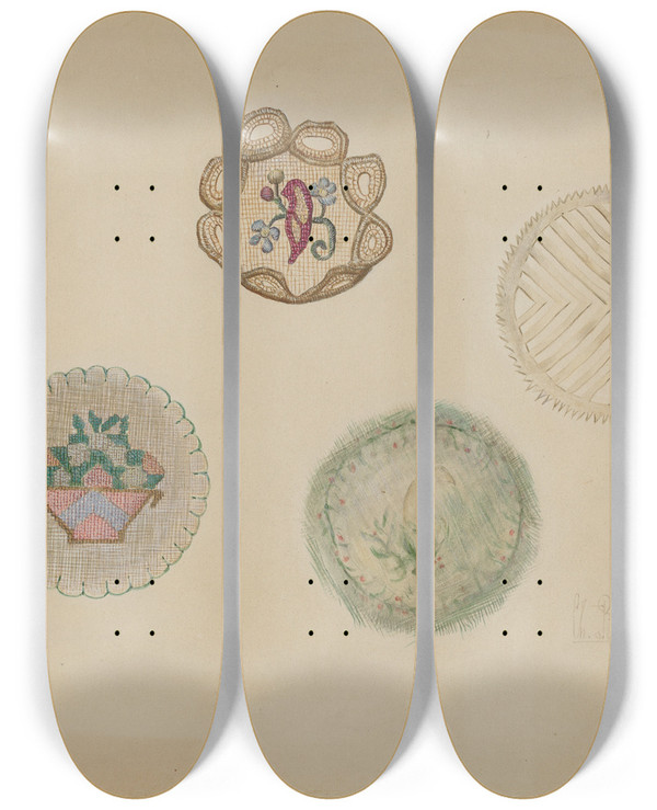 Triptych art skateboard deck of Charles Bowman Love Tokens by Charles Bowman