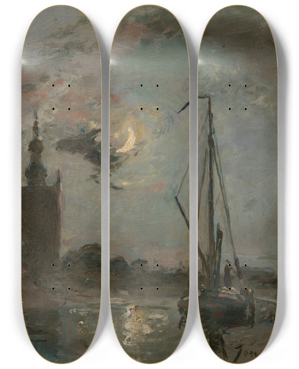 Triptych art skateboard deck of Johan Barthold Jongkind Overschie In The Moonlight by Johan Barthold Jongkind (1819-1891)