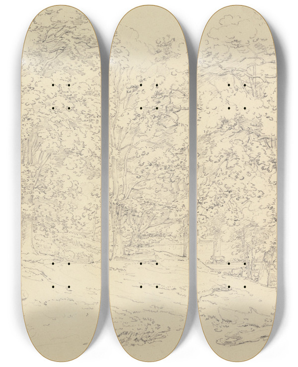 Triptych art skateboard deck of Thomas Hearne Trees In Ashtead Park Surrey by Thomas Hearne (1744-1817)