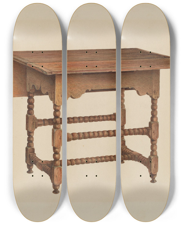 Triptych art skateboard deck of Isadore Goldberg Dropleaf Table by Isadore Goldberg