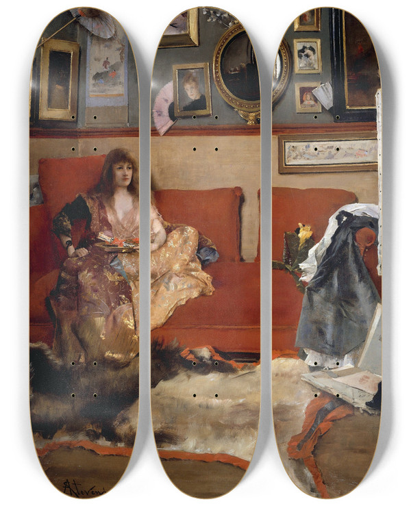 Triptych art skateboard deck of Alfred Stevens In The Studio by Alfred Stevens (1817-1875)