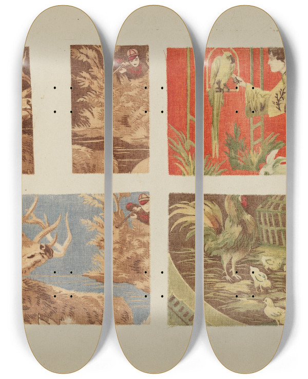 Triptych art skateboard deck of Pearl Gibbo Four Textile Samples by Pearl Gibbo