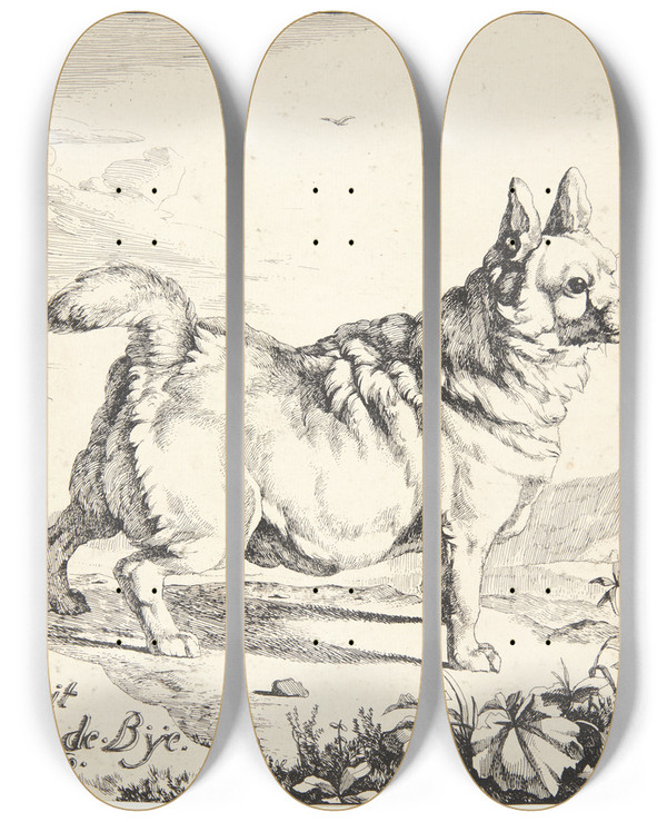 Triptych art skateboard deck of Marcus De Bye Stende Hund Gadekryds by Marcus de Bye (1638-1688)