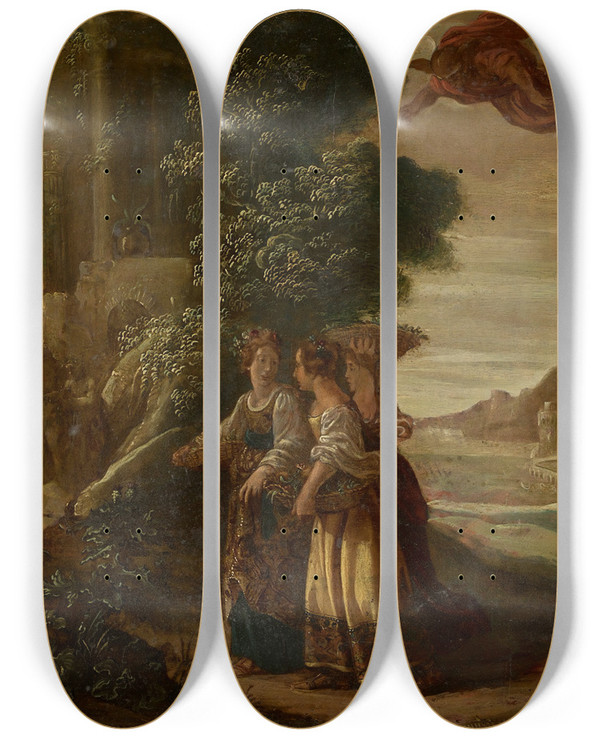 Triptych art skateboard deck of Jan Tengnagel Mercury And Herse by Jan Tengnagel (1584-1635)