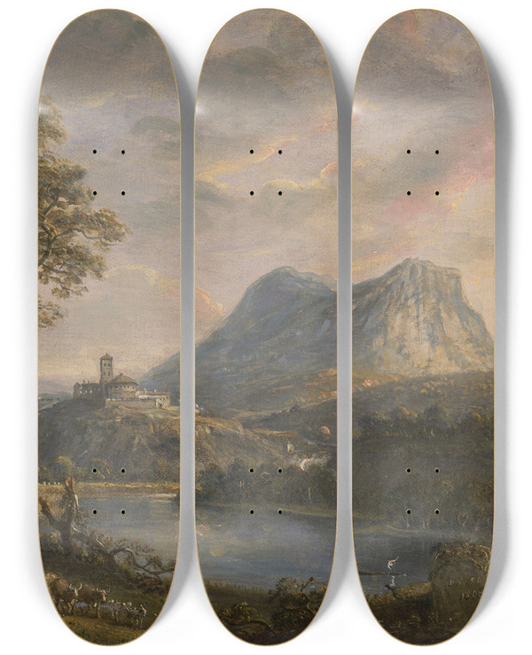Triptych art skateboard deck of Paul Sandby Landscape With A Lake by Paul Sandby (1731-1809)