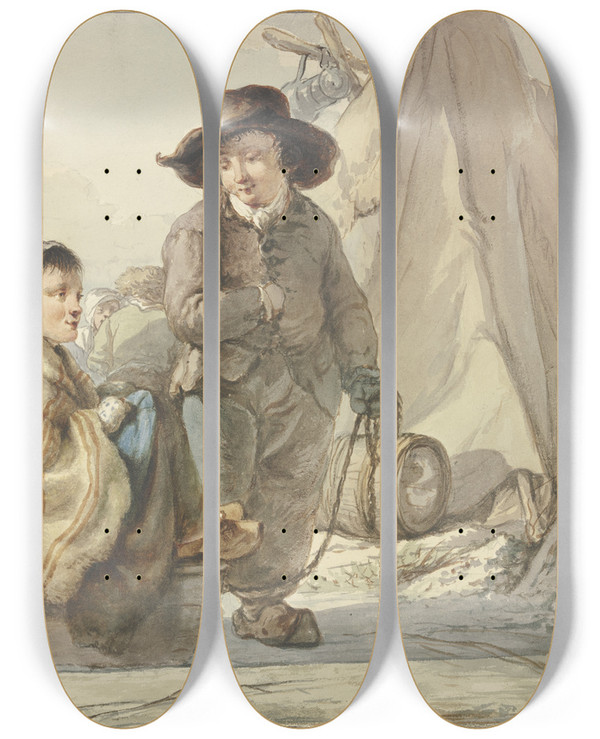 Triptych art skateboard deck of Jacob Van Strij Mdchen Auf Einem Schlitten Daneben Ein Junge In Einem Lager by Jacob Van Strij (1756-1815)