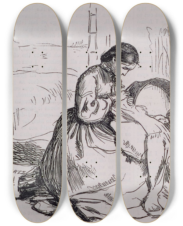 Triptych art skateboard deck of Sir John Everett Millais The Iceberg The Seamstress by Sir John Everett Millais (1829-1896)