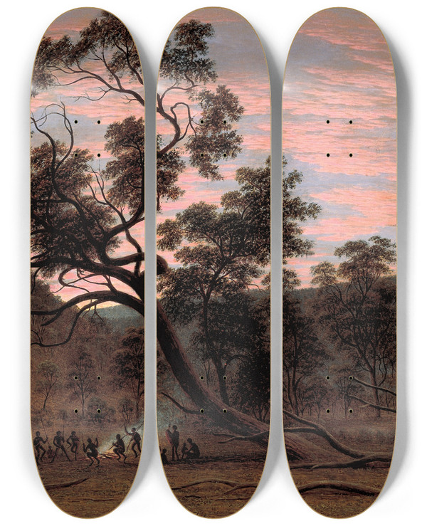 Triptych art skateboard deck of John Glover A Corroboree Of Natives In Mills Plains by John Glover (1767-1849)