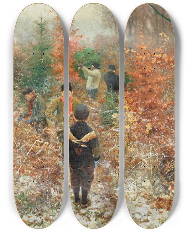 Triptych art skateboard deck of Hans Andersen Brendekilde Juletrsfldning by Hans Andersen Brendekilde (1857-1942)