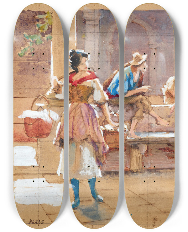 Triptych art skateboard deck of Eugen Von Blaas Gossip Study For Il Pettegolezzo by Eugen Von Blaas (1843-1931)